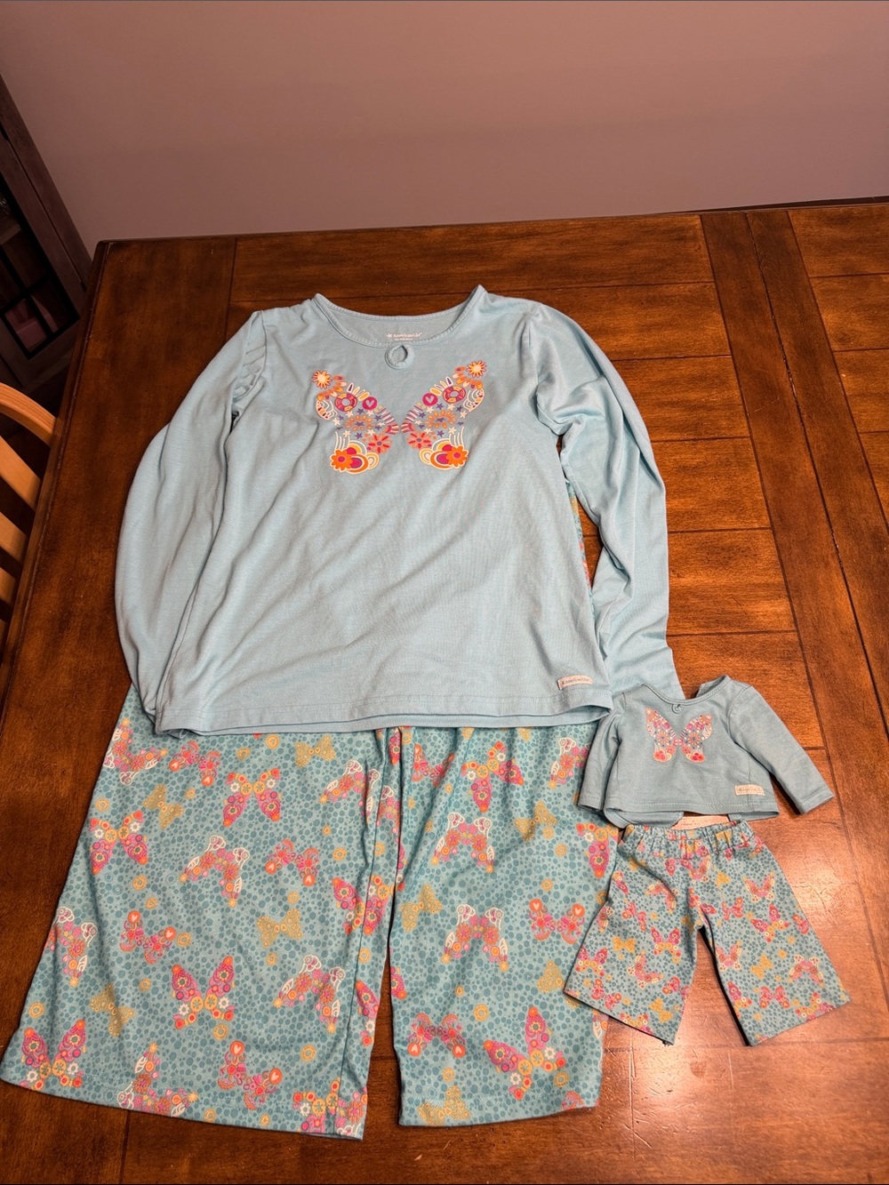 American Girl Light Blue Butterfly Pajama Set with matching set for 18” doll